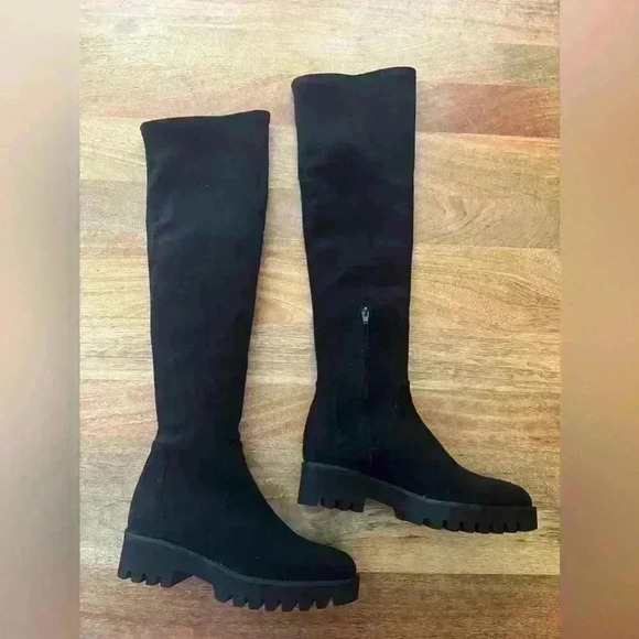Theory Black Faux Suede Over-the-Knee Boots Lug Sole | 37 - Picture 1 of 5